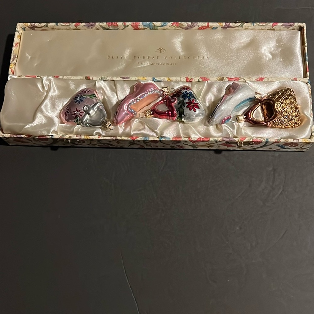 Vintage Black Forest European Glass Christmas Ornaments Decor Box Shoes/Purse